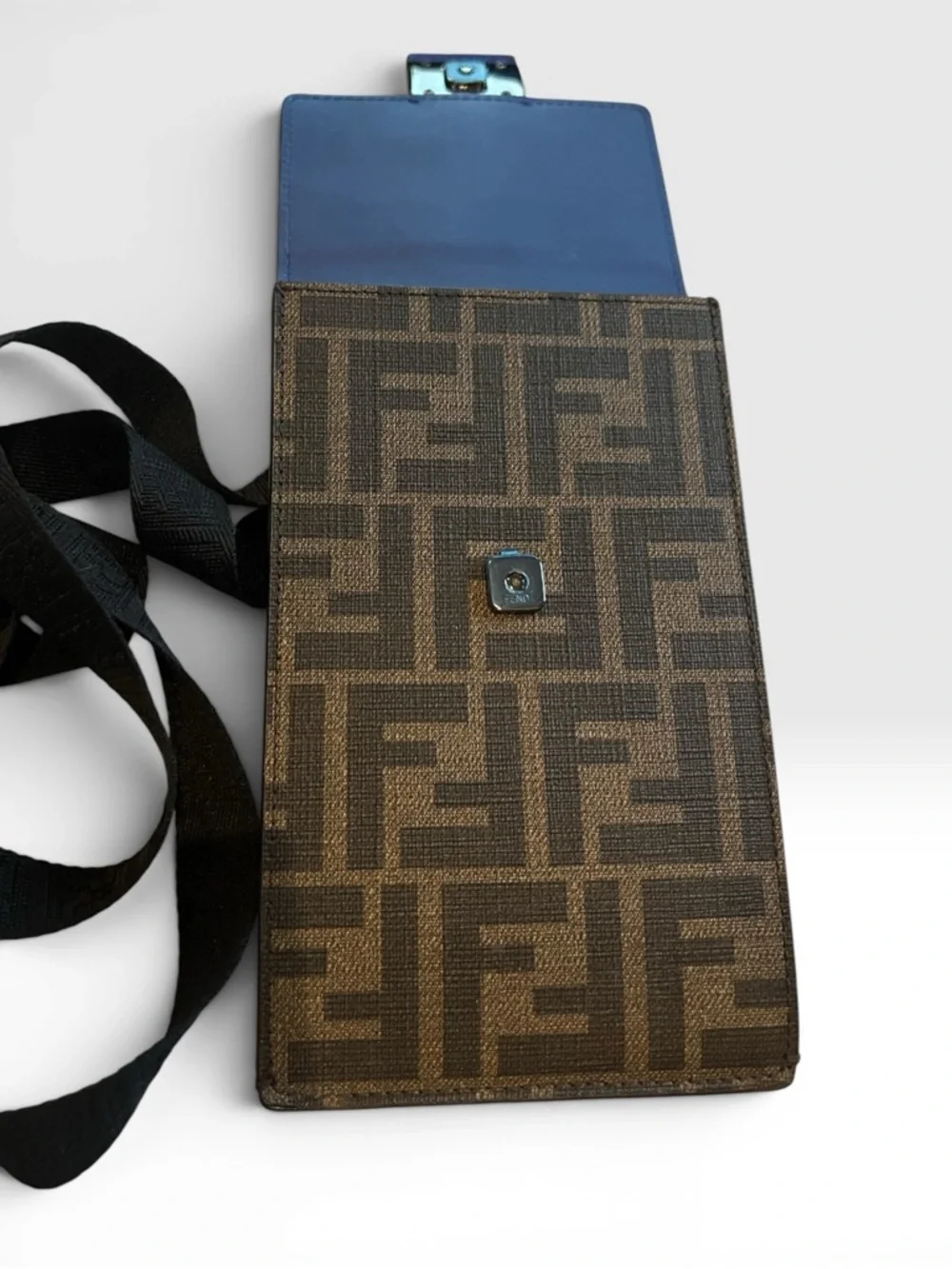 Fendi FF Zucca Phone Crossbody Bag Blue Leather